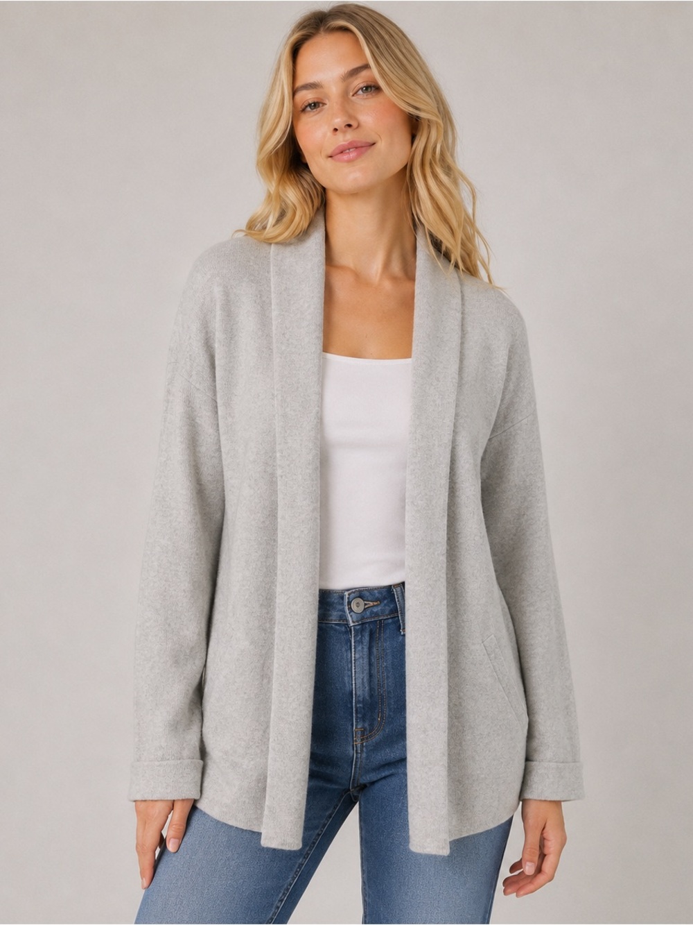 Max Studio 100% Cashmere Open Cardigan Sweater Check Print Beige Cozy Size XS